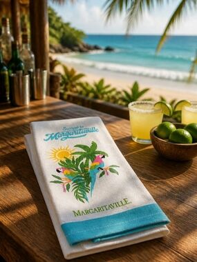 Margaritaville White Beach Towel with Teal Trim & Colorful Parrot Print